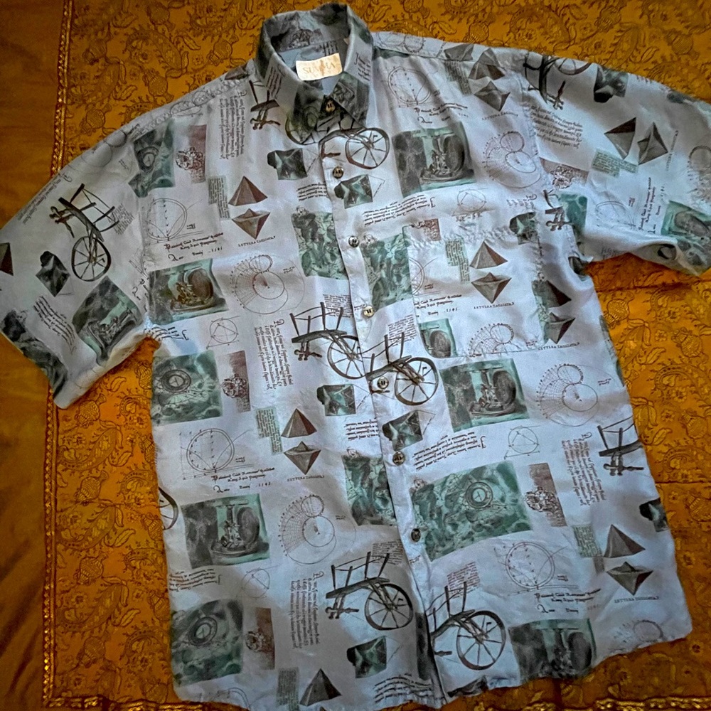 Summa Vintage 100% Silk Unisex Novelty Sketch Print Short Sleeve Shirt S